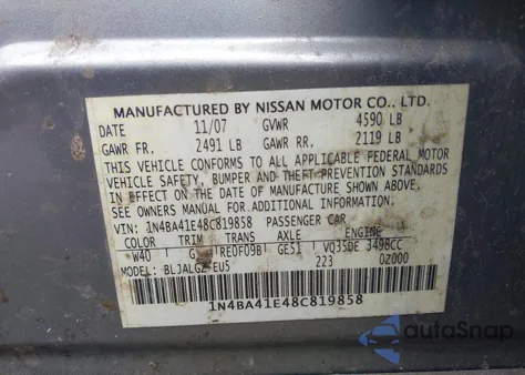 2008 Nissan Maxima 3.5 Sl z USA, uszkodzony, nr VIN 1N4BA41E48C819858